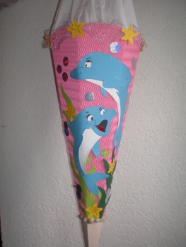 Handgefertigte Schultüte / Zuckertüte - " Verspielte Delfine " - 70cm - 6-eckig