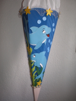 Handgefertigte Schultüte / Zuckertüte - " Delfine " - 70cm - 6-eckig