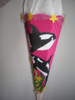 Handgefertigte Schultüte / Zuckertüte - " Verspielte Orcas " - 70cm - 6-eckig