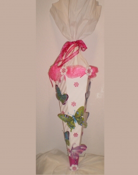 Handgefertige Schultüte / Zuckertüte - " Schmetterlinge rosa-weiß " - 70cm - 6-eckig