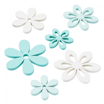 Blumen Holz / mint-türkis-weiss / 3-4,7cm / Box a 12 Stk.