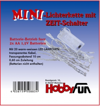 LED-Kette - 20 Lampen (warmweiß) - Schalter, Batterie & Schaltzeituhr