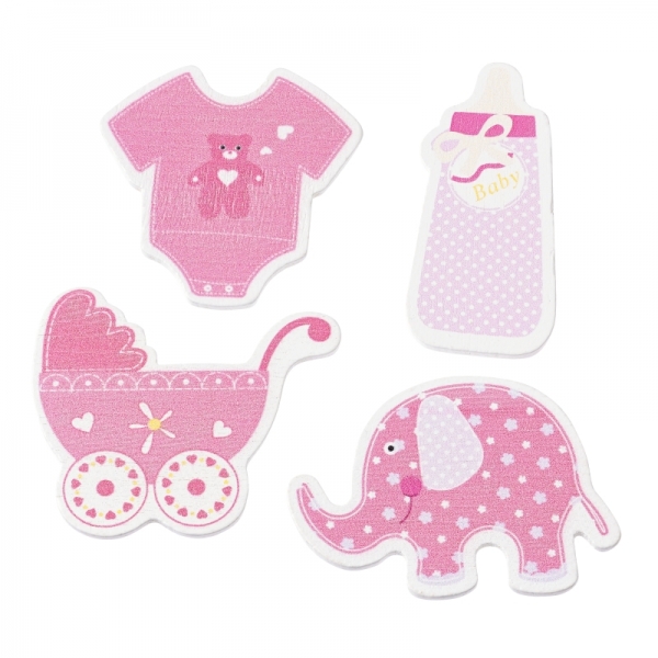 Holzstreuteile Baby - rosa - 3 - 4,5cm - 12 Stück sortiert