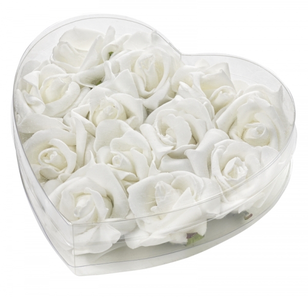 Rosen - weiss - 50mm - Herzbox mit 12 Stk.